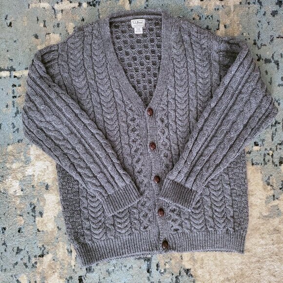 LL Bean Irish Fisherman Knit Leather Cardigan Sweater 100% Wool Sz  XL Like New! - Picture 3 of 8